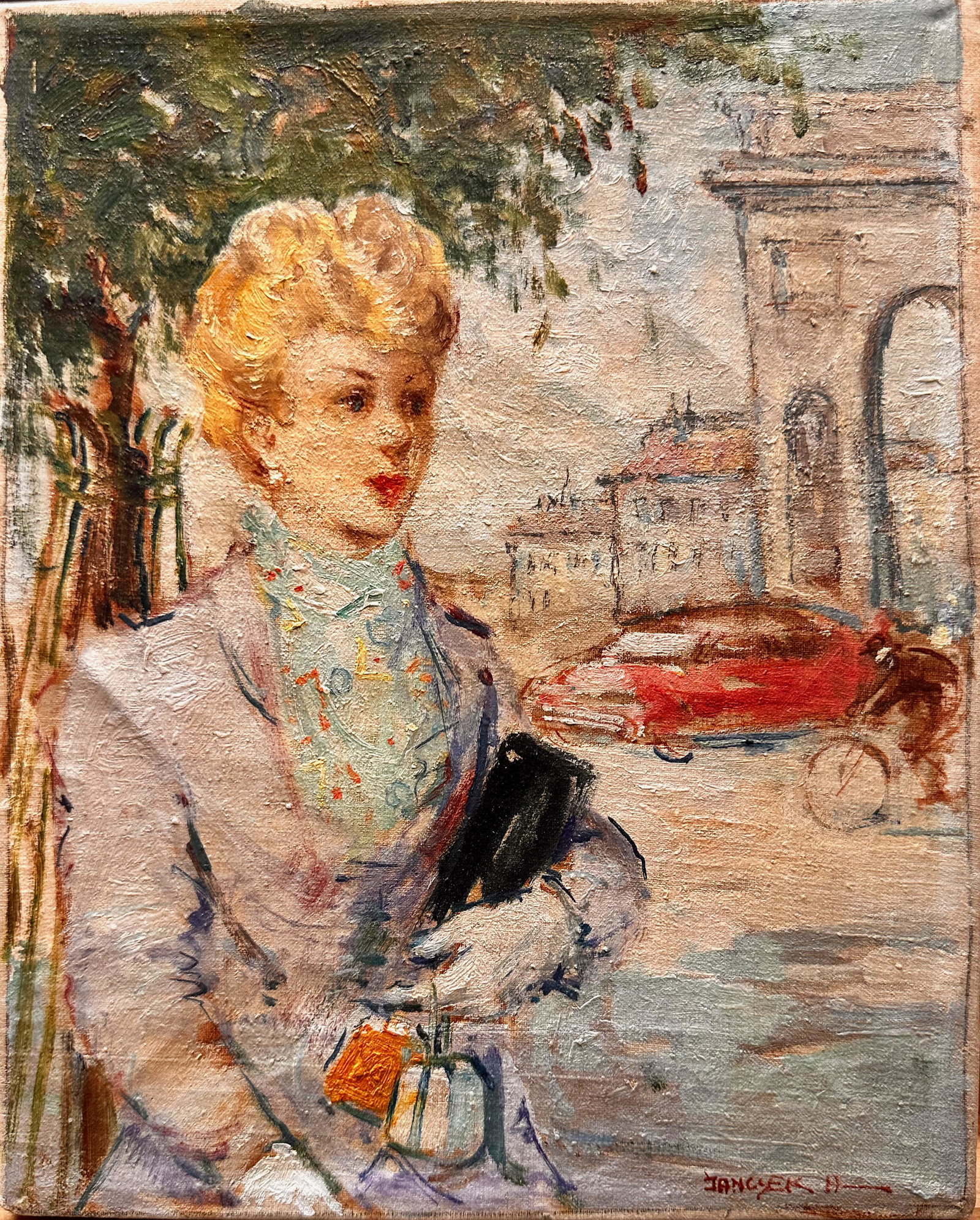 Antal Jancsek Hungary Artist Modernist Paris Scene Oil Painting Signed: Antal Jancsek Hungary Artist Modernist Paris Scene Oil Painting Signed. Oil on Canvas by Antal Jancsek; SLR; School of Paris painting; image of young attractive female on Champ-Elysees; 10 x 8; Antal 