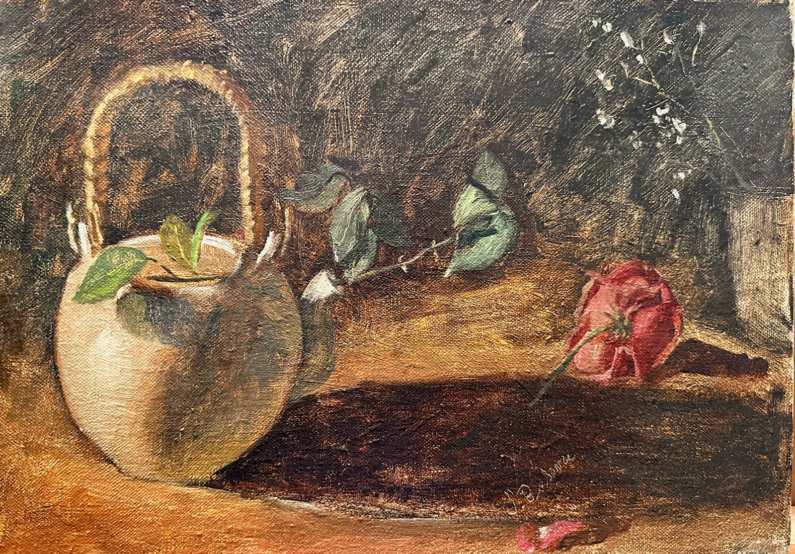 American Impressionist Still-Life Signed Roses and Teapot: American Impressionist Still-Life Signed Roses and Teapot. American still life; Signed middle right but signature is illegible; teapot with roses; 10 x 14