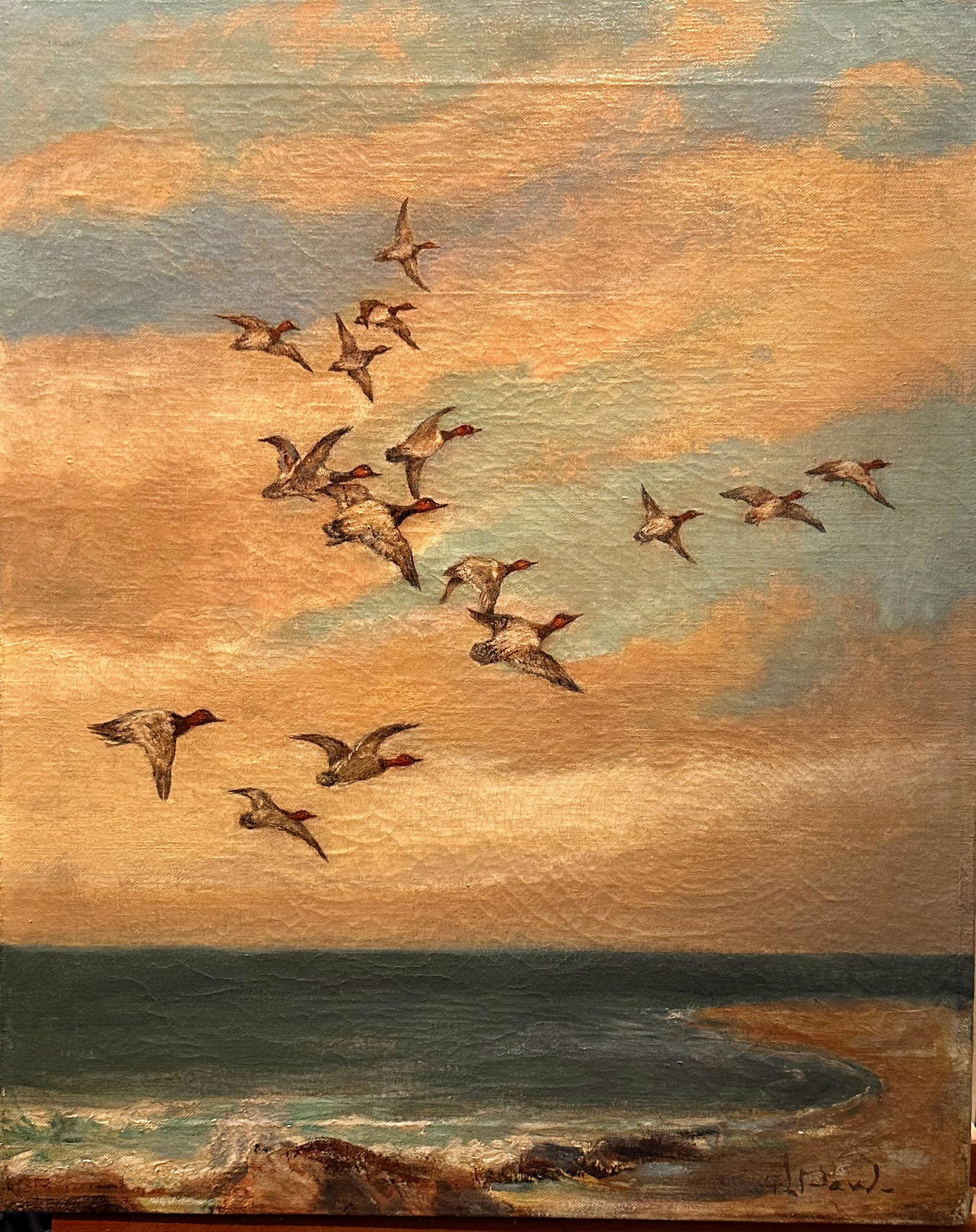 Early American Impressionist Wildfowl Oil Painting Signed: Early American Impressionist Wildfowl Oil Painting Signed. Early 20th Century American Impressionist; wildlife scene of ducks flying over a beach; SLR illegibly; on verso entitled "Traveling", #12