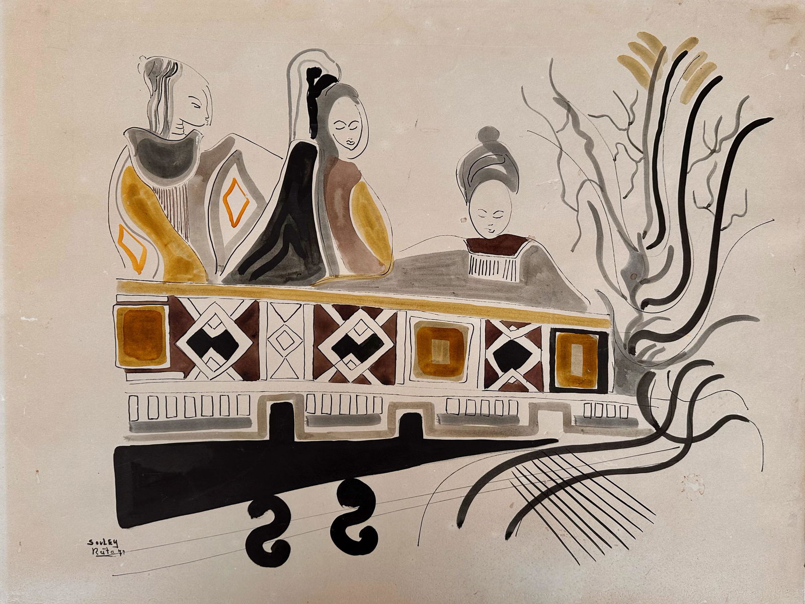 Important Senegal Africa Modern Abstract Souleymane Keita watercolor Signed #1 (1 of 4)