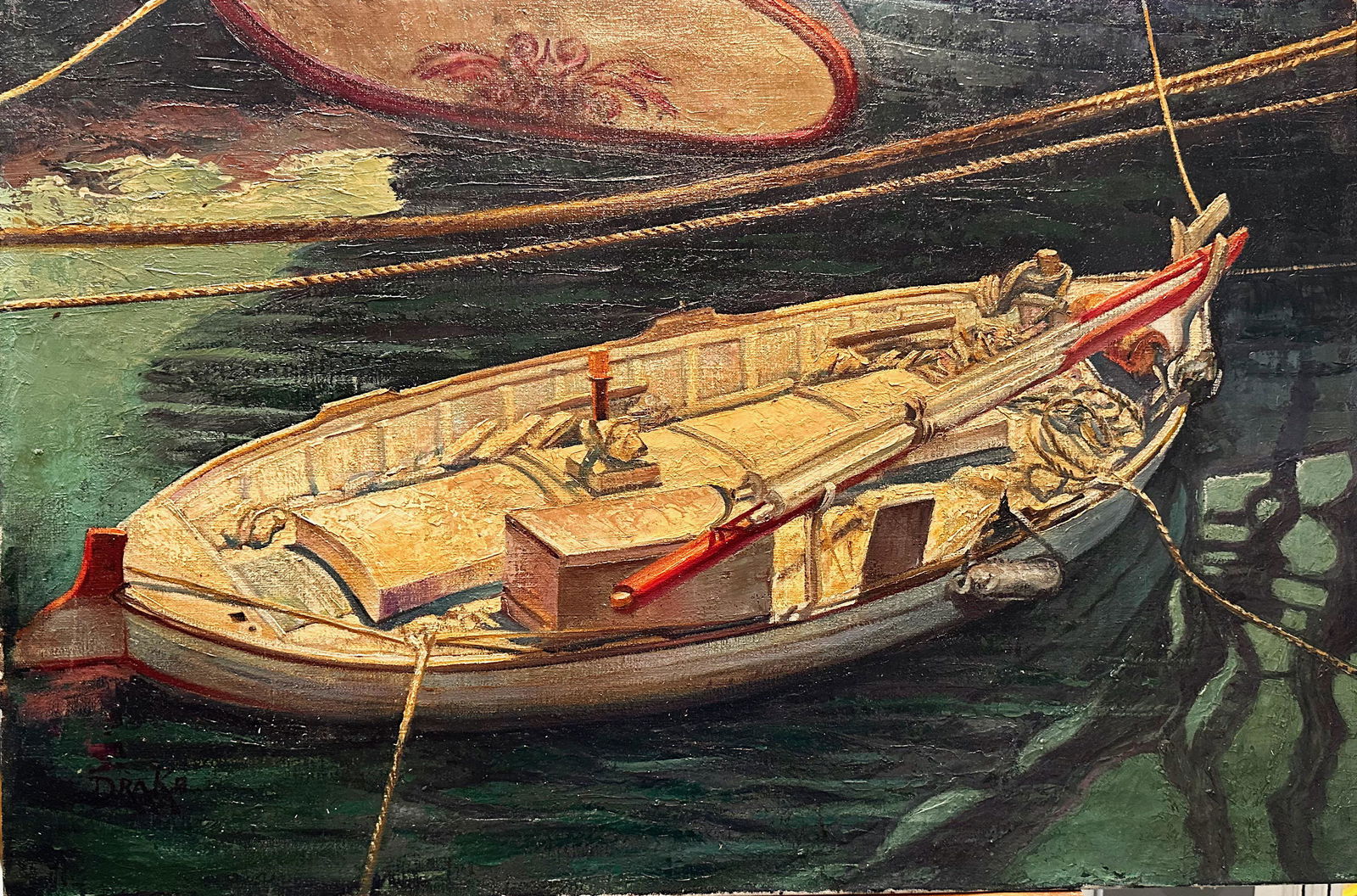 William A. Drake American Canada Impressionist Oil on Canvas Sail Boat Signed: Oil on Canvas by William A Drake; SLL; Moored sailboat; 20 x 30.A prominent Canadian/American theatrical designer, painter, printmaker, draftsman, and educator, William Alexander Drake was born in Tor