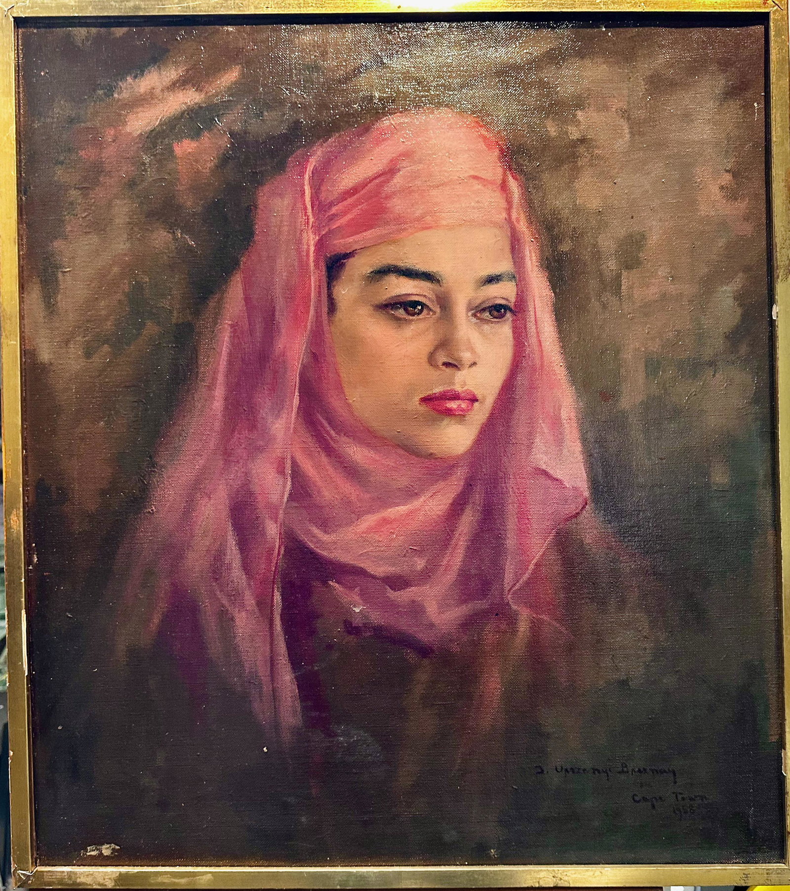 Helene Urszenyi-Breznay Hungary Female Artist Oil Painting Signed Figurative: Oil on Canvas; by Helene Urszenyi-Breznay; Entitled "Cape Malay"; SLR; Cape Town 1958; 26 x 23; 27 x 24 framed This work was used for her Christmas Cards.Helene was well-known in Africa for portraying