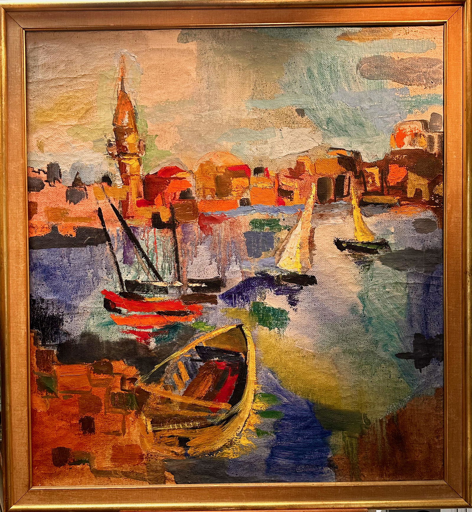 Large Impressive Vintage School of Paris Oil Painting Harbor Scene (1 of 5)