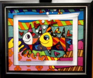 Romero Britto Brazil Artist Original Mixed Media Signed: Romero Britto Brazil Artist Original Mixed Media Signed , titled "Follow me Baby", 434/750, with Blindstamp lower right , 27 x 21 1/2", 34 x 29" framed.Born in 1963 in Recife, Brazil, Romero Britto