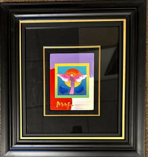 Peter Max Original Mixed Media Painting Signed #2: Peter Max Original Mixed Media Painting Signed #2, titled "Angel with Sun on Blends", 9 1/4 x 7 1/4", 26 x 23" framed.