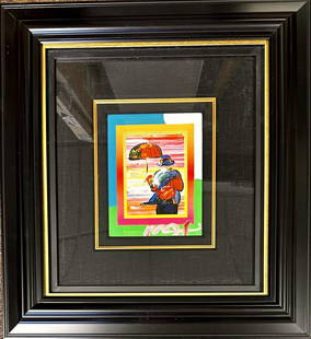 Peter Max Original Mixed Media Signed #3: Peter Max Original Mixed Media Signed #3, titled "Umbrella Man on Blends", 9 1/2 x 7 1/4", 25 1/2 x 23 1/2" framed.