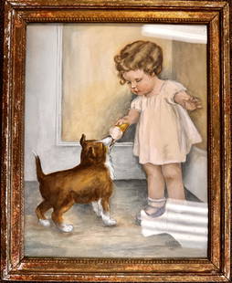 Jessie Wilcox Smith attr. Illustration Original signed: Jessie Wilcox Smith attr. Original signed, gouache and watercolor, tag verso states" Sharing the Ice Cream, Given to me in 1925 by the artist Jessie Smith of Philadelphia, Mrs. Clarence Brinton.", 13