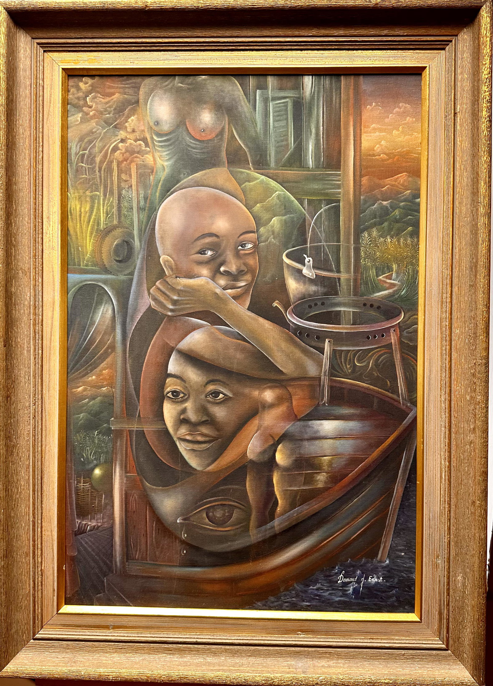 Ernst Domond Haitian Artist Original oil painting Signed: Ernst Domond Original oil painting, O/C, signed, titled "Man and Woman Thinking", 30 x 20", 36 x 26" framed.
