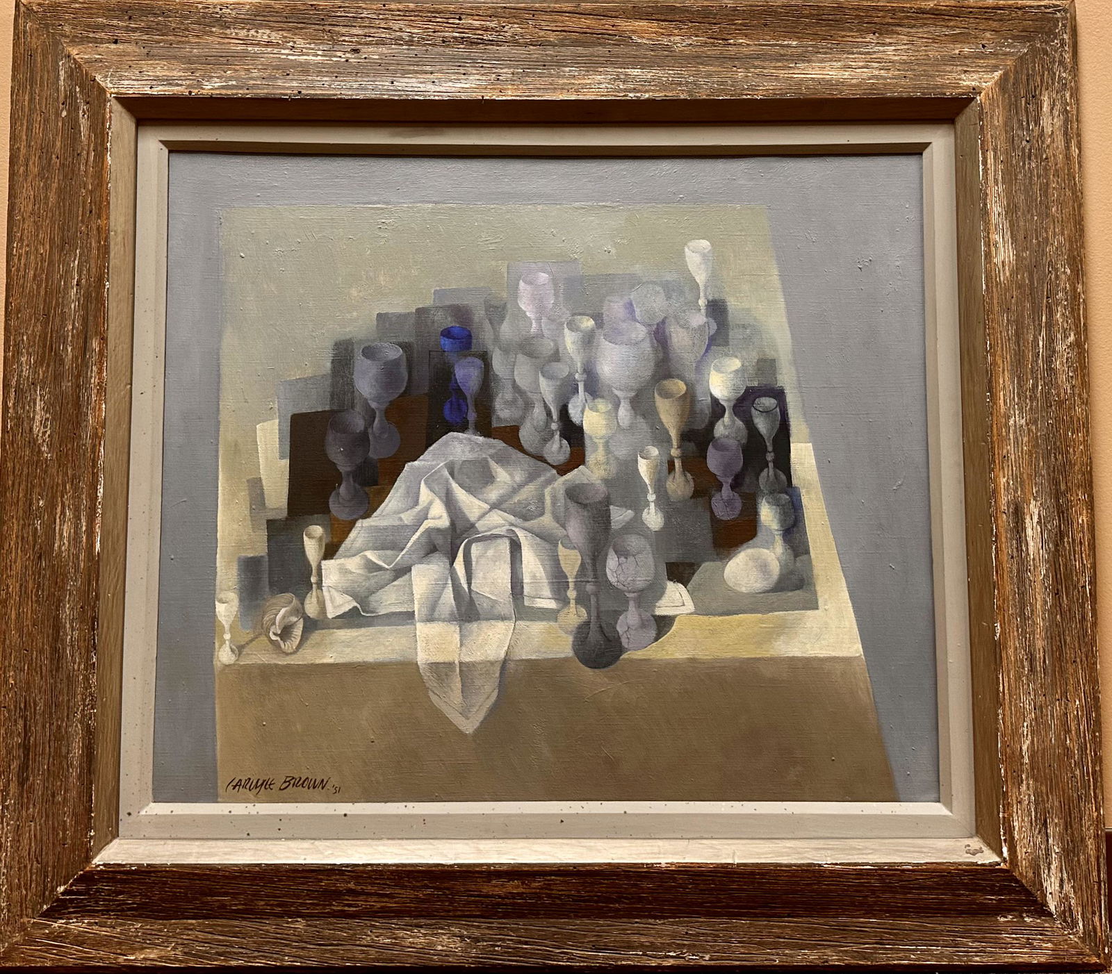 Carlyle Brown New York Italy Artist Modernist Oil Painting Signed: Carlyle Brown New York Italy Artist Modernist Oil Painting Signed , titled "Table with Glasses and napkins", done in Ischia, Italy, 1951, Exceptional Heydenryk Frame, 3 labels verso, Catherine Viviano