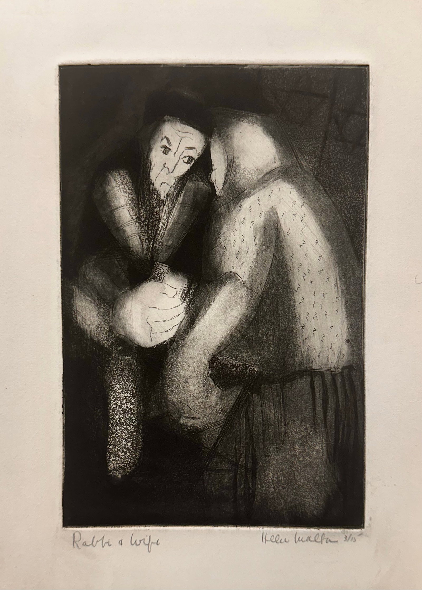 Helen Wagner Malta Etching WPA Era Signed #3: Helen Wagner Malta Etching WPA Signed #3 "Rabbi and Wife", 3/15, circa 1938, 8 x 5 1/4 image size, 11 x 8" overall, pencil signed, Helen Wagner Malta is a pre and post-war artist. Helen Wagner Malta i