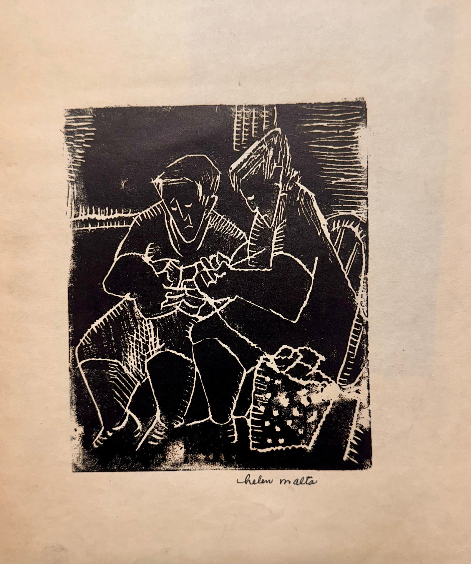 Helen Wagner Malta Woodcut WPA Era Signed #13: Helen Wagner Malta Woodcut WPA Signed #13, circa 1938, 5 3/4 x 4 3/4" image size, 11 x 8 1/2" overall, pencil signed, Helen Wagner Malta is a pre and post-war artist. Helen Wagner Malta is a american 