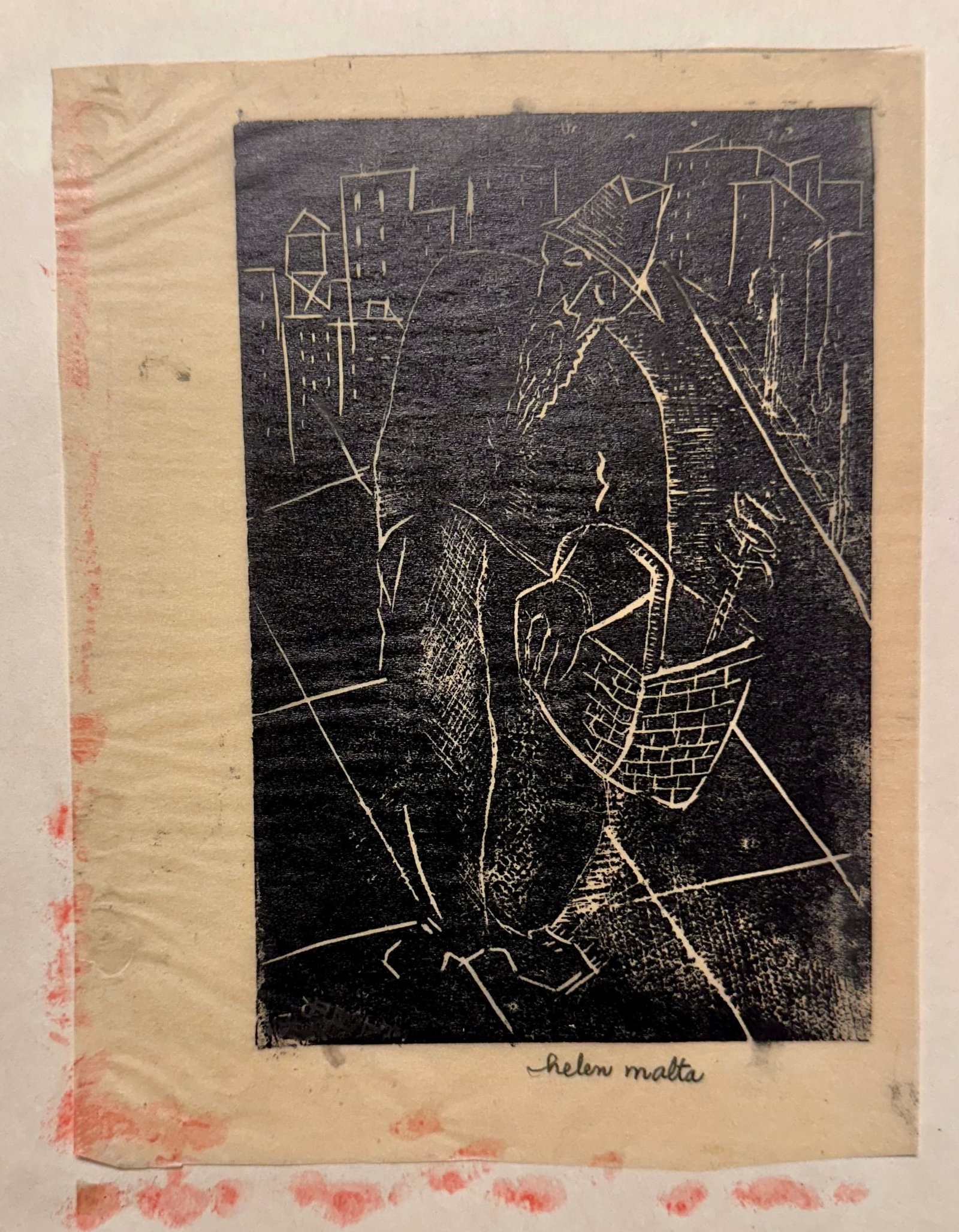 Helen Wagner Malta Woodcut WPA Era Signed #14: Helen Wagner Malta Woodcut WPA Signed #14, circa 1938,7 1/4 x 5 1/2" image size, 6 x 4" overall, pencil signed, Helen Wagner Malta is a pre and post-war artist. Helen Wagner Malta is a american female