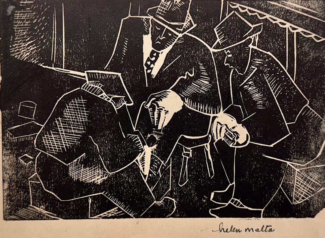 Helen Wagner Malta Woodcut WPA Era Signed #15: Helen Wagner Malta Woodcut WPA Signed #15, "Shoe Shine", circa 1938, 4 x 6" image size, 9 x 12" overall, pencil signed, Helen Wagner Malta is a pre and post-war artist. Helen Wagner Malta is a america