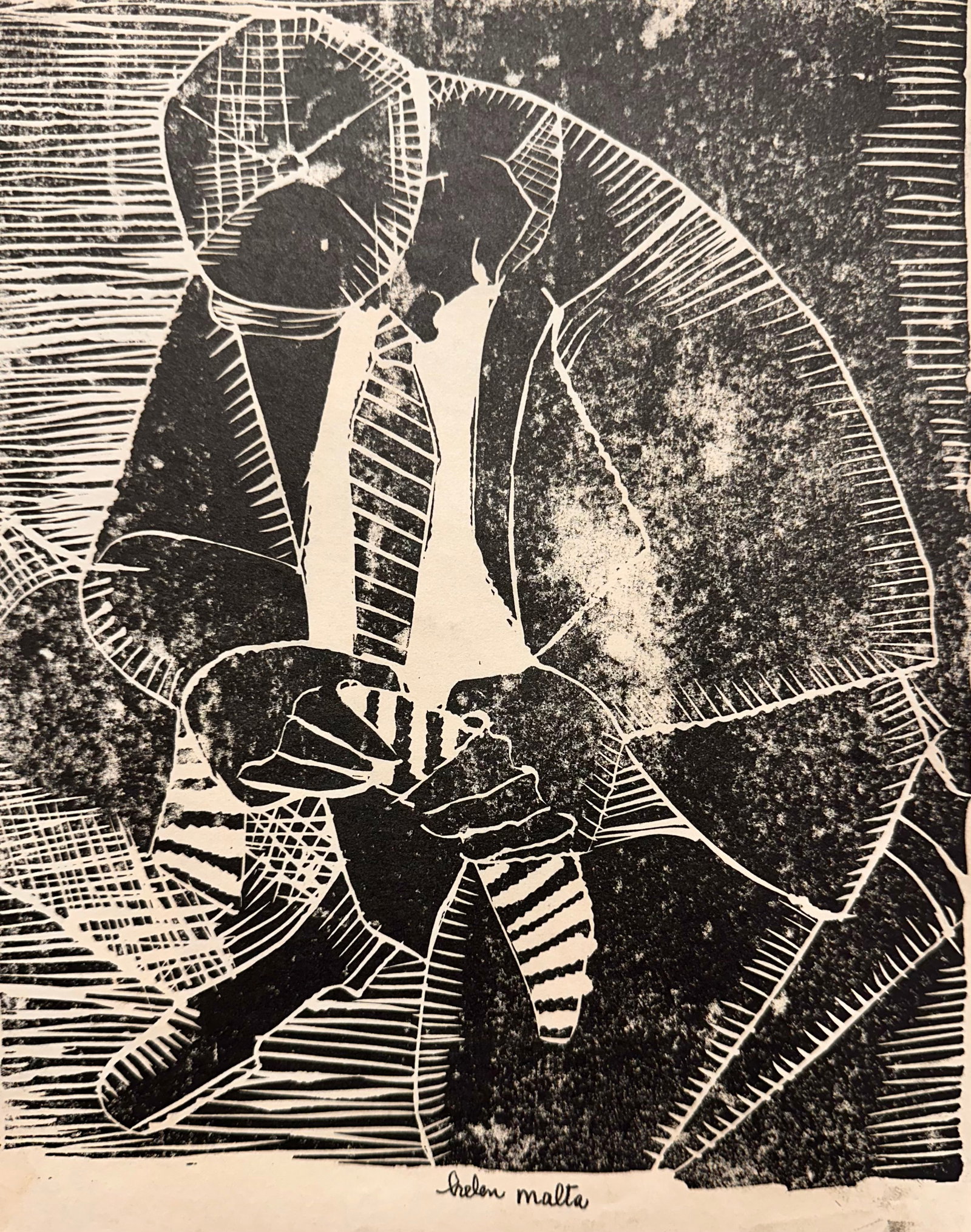 Helen Wagner Malta Woodcut WPA Era Signed #16: Helen Wagner Malta Woodcut WPA Signed #16, circa 1938, 9 x 7 1/2" image size, 10 1/2 x 8 1/4" overall, pencil signed, Helen Wagner Malta is a pre and post-war artist. Helen Wagner Malta is a american 