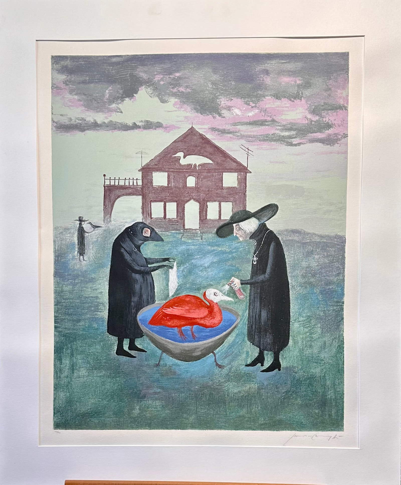 Leonora Carrington British Mexican Artist Bird Bath Screenprint in Colors Signed: Leonora Carrington British Mexican Artist Bird Bath Screenprint in Colors Signed, 123/150, 27 7/8 x 22", 36 x 30" mat size.< Mary Leonora Carrington OBE (6 April 1917 â€“ 25 May 2011[1]) was a
