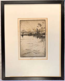 Charles Mielatz New York Artist Etching New York City Signed: Charles Mielatz New York Artist Etching New York City Signed, "New York Harbor at Sunrise including the Statue of Liberty", 6 3/4 x 5" image size", 15 x 12" Framed Charles Frederick William Mielatz, b