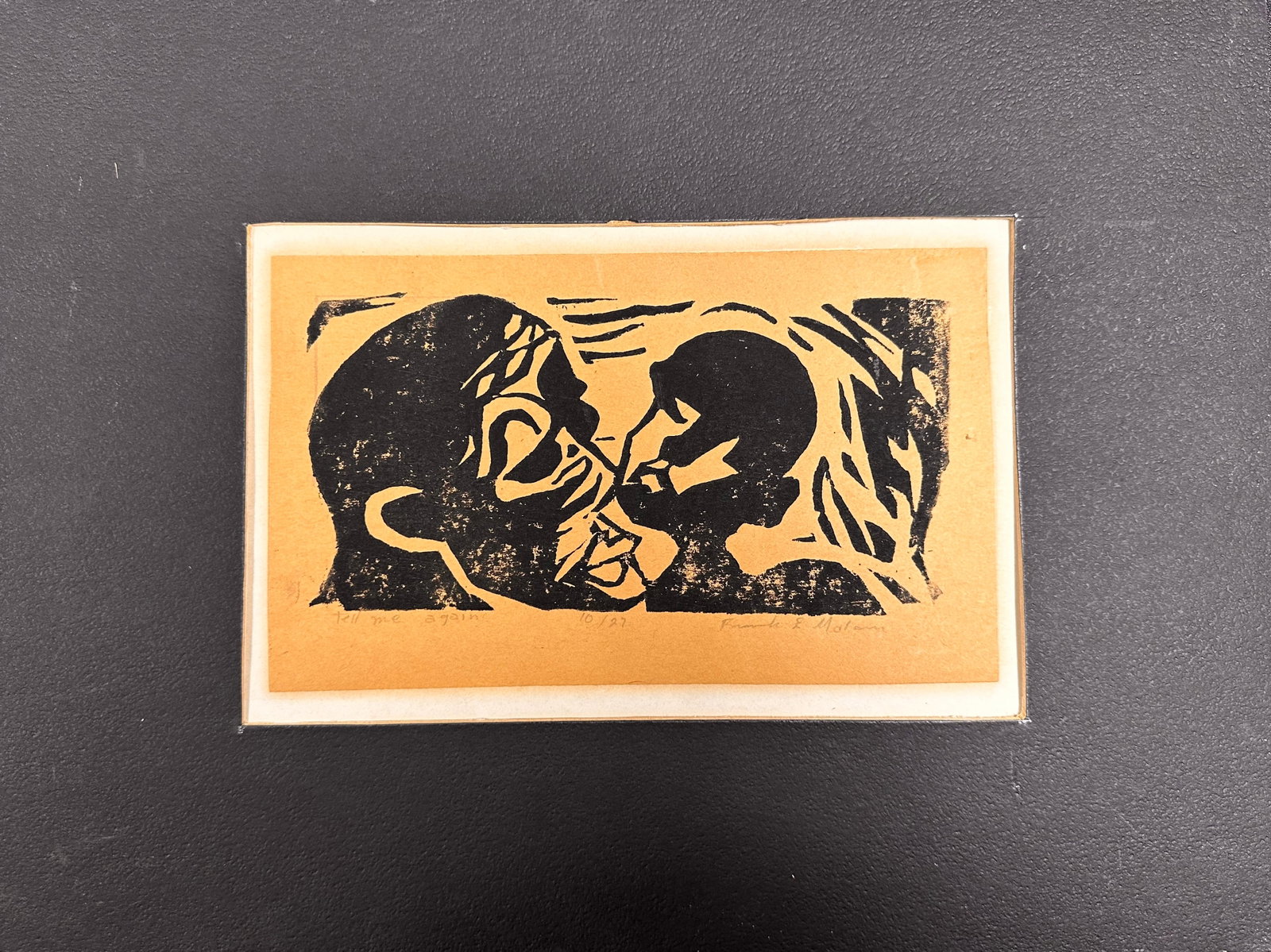 Woodcut African American Subject Illegible signature: Woodcut African American Subject Illegible signature, "Tell Me Again", 10 /27, 5 1/2 x 9" image size, 12 x 16" mat size