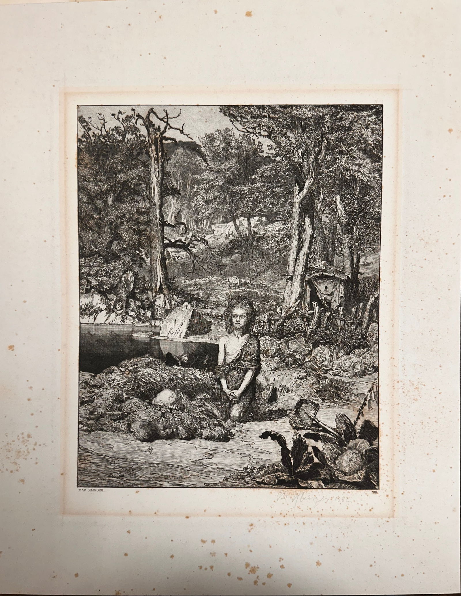 Max Klinger German Artist Etching Signed: Max Klinger Symbolist German Artist Etching Signed, Intermezzi, Opus 6, Simplicius at the Hermit's Grave, 1881, pencil signed, foxing, 11 1/2 x 9 1/4" image size, 18 x 14" paper size. Max Klinger (18