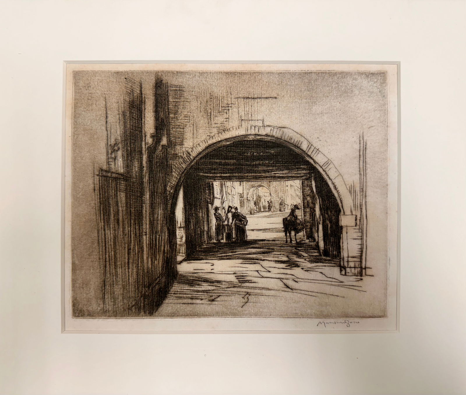 Miurhead Bone Scottish Artist Etching Signed: Miurhead Bone British Artist Etching Signed,"An Archway, Chioggia", Drypoint, 1915, 6 1/4 x 7 3/4" image size, 10 1/4 x 12" mat size. Sir Muirhead Bone (23 March 1876 â€“ 21 October 1953) was