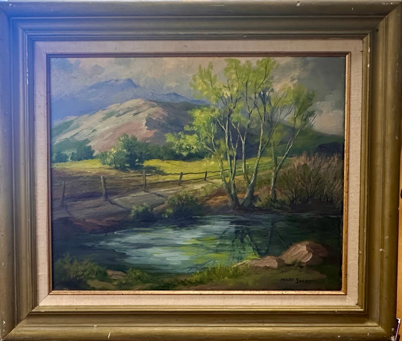 Vintage American School California Artist Mary Jarrett Oil Painting Signed: American School California Artist Mary Jarrett Oil Painting Signed, "Country Pond", 16 x 20", 23 x 27" framed. Mary Adolyn Jarrett (1912 - 1983) was active/lived in California. Mary Jarrett is known f