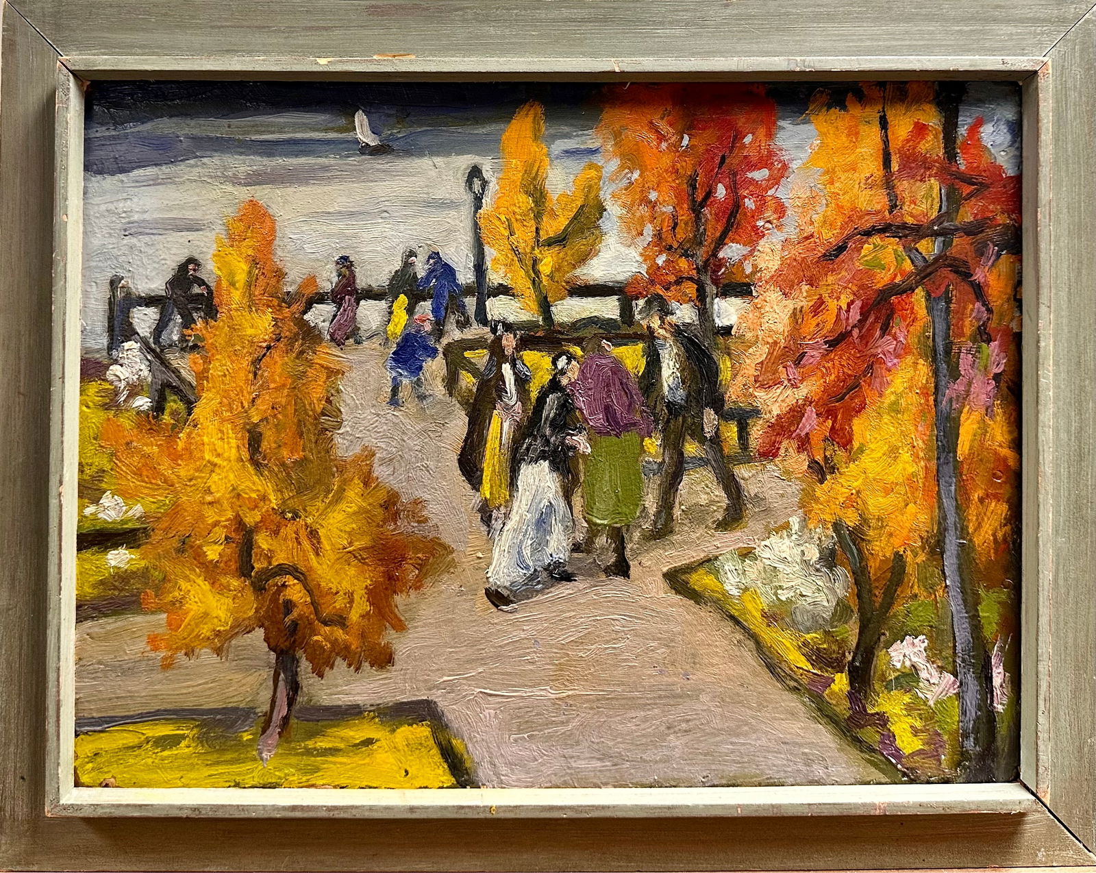 Vintage American School Early American Modernist New York Park Scene Oil Painting Signed (1 of 4)