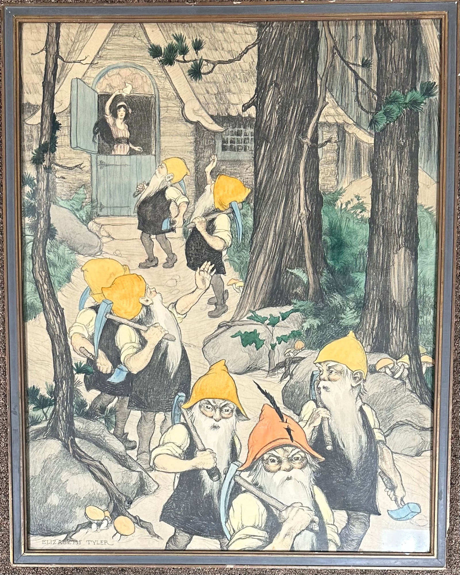 Antique American Childrens Illustration Elizabeth Tyler Wolcott Snow White Original SIgned (1 of 3)