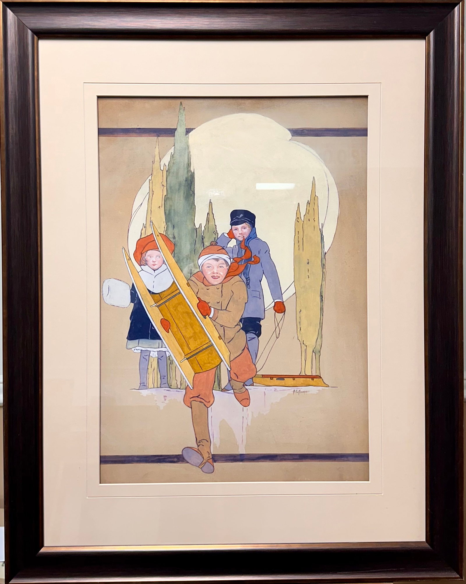Vintage American Massachusetts Illustration Children Sledding signed A.C. Knapp (1 of 5)