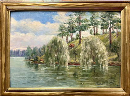 Vintage Early Armenian California Impressionist Artist Mihran Seralian Painting Signed #2: Vintage Early Armenian Californian Impressionist Artist Mihran Seralian Painting Signed #2, O/B, dated 1930, "Two Willows at the Roger Williams Park, Providence, Rhode Island", 14 x 20", 17 1/2 x 23 1