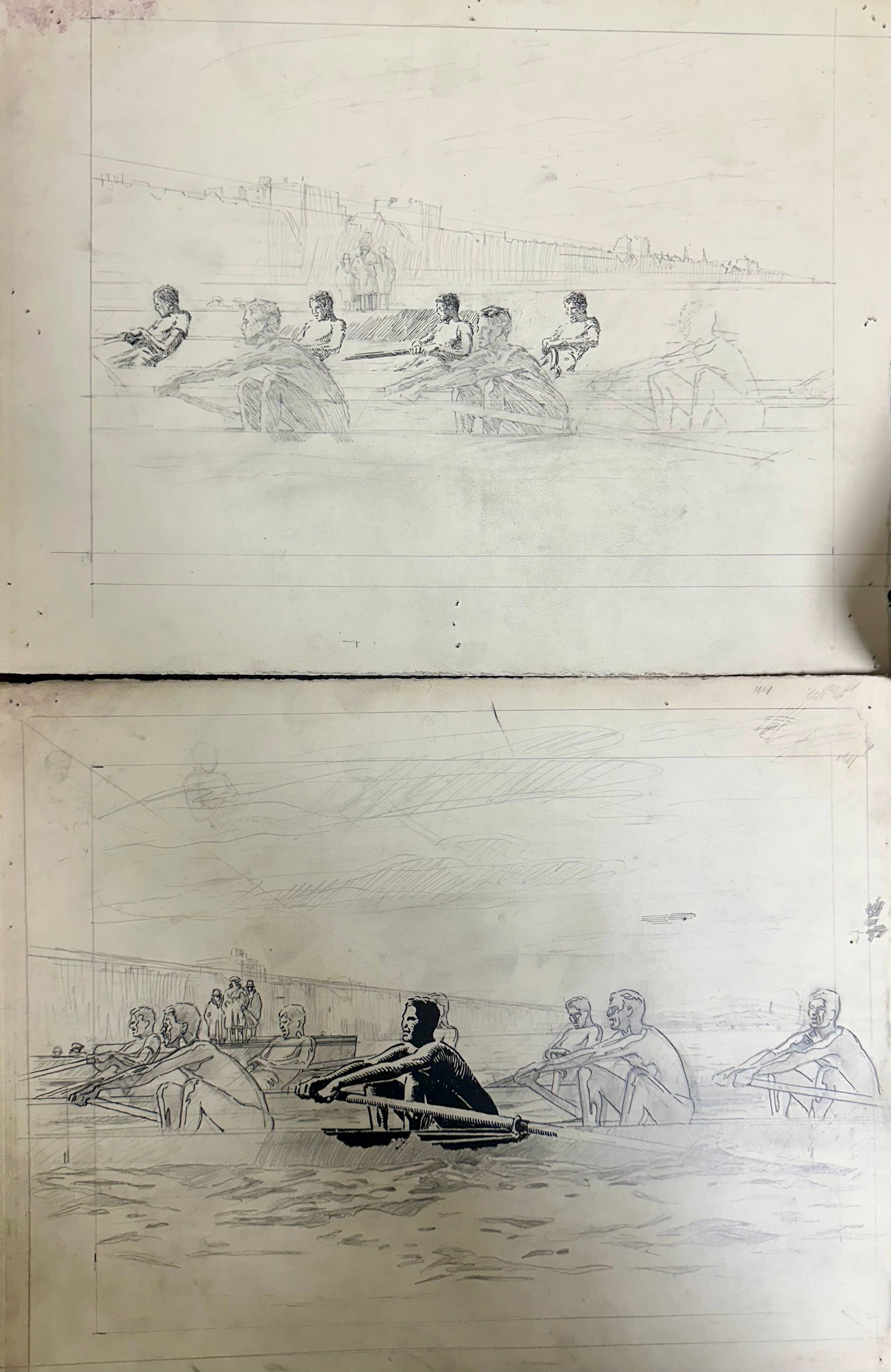 Antique Pair of Boston Men's Rowing Drawings Harold Robert Shurtleff (1 of 4)