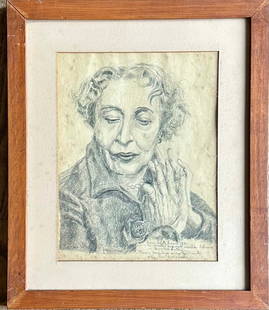 Antique Realist Portrait of Dame Edith Mary Evans English School: Antique Realist Portrait of Dame Edith Mary Evans English School, graphite sketch, dated 1955, signed lower middle, dedicated lower right, 12 3/4 x 9 3/4" image, 18 3/4 x 15 3/4" framed. Dame Edith Ma