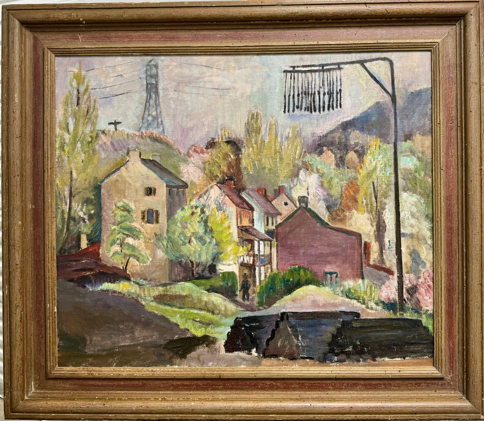 Vintage American School Impressionist Philadelphia Artist Marion Butler Ewald Oil Painting #1: Vintage American School Impressionist Philadelphia Artist Marion Butler Ewald Oil Painting #1, 1930, Stamped on Verso, Signed Verso, 25 x 30" Canvas, 32 x 37" Overall, Manayunk Scene, "Building of the