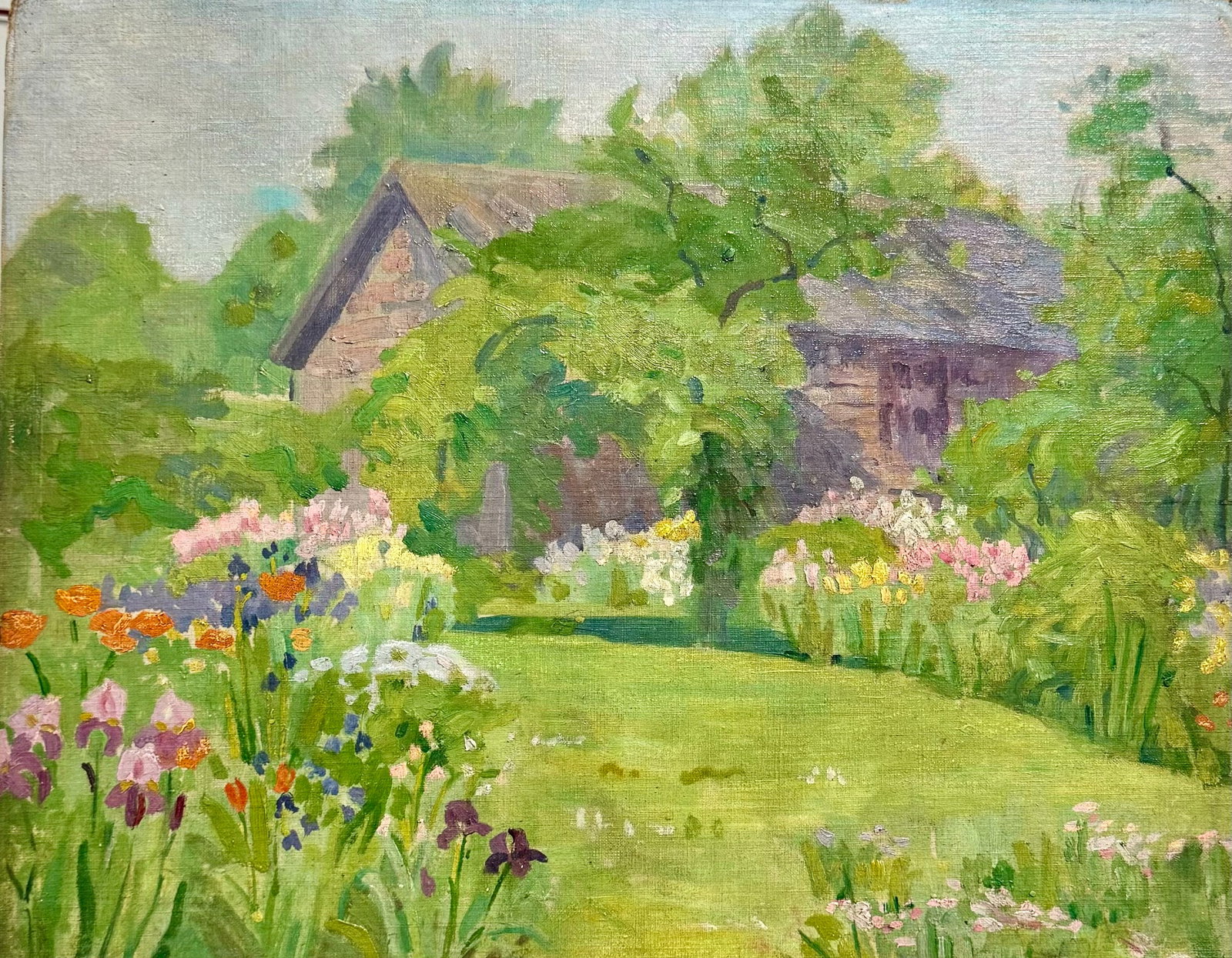 Vintage American School Impressionist New Jersey Artist Elizabeth Vreeland Oil Painting Signed: Vintage American School Impressionist New Jersey Artist Elizabeth Vreeland Oil Painting Signed, O/B, SLL, Signed on label Verso, Entitled "Our Garden", 16 x 20" Overall