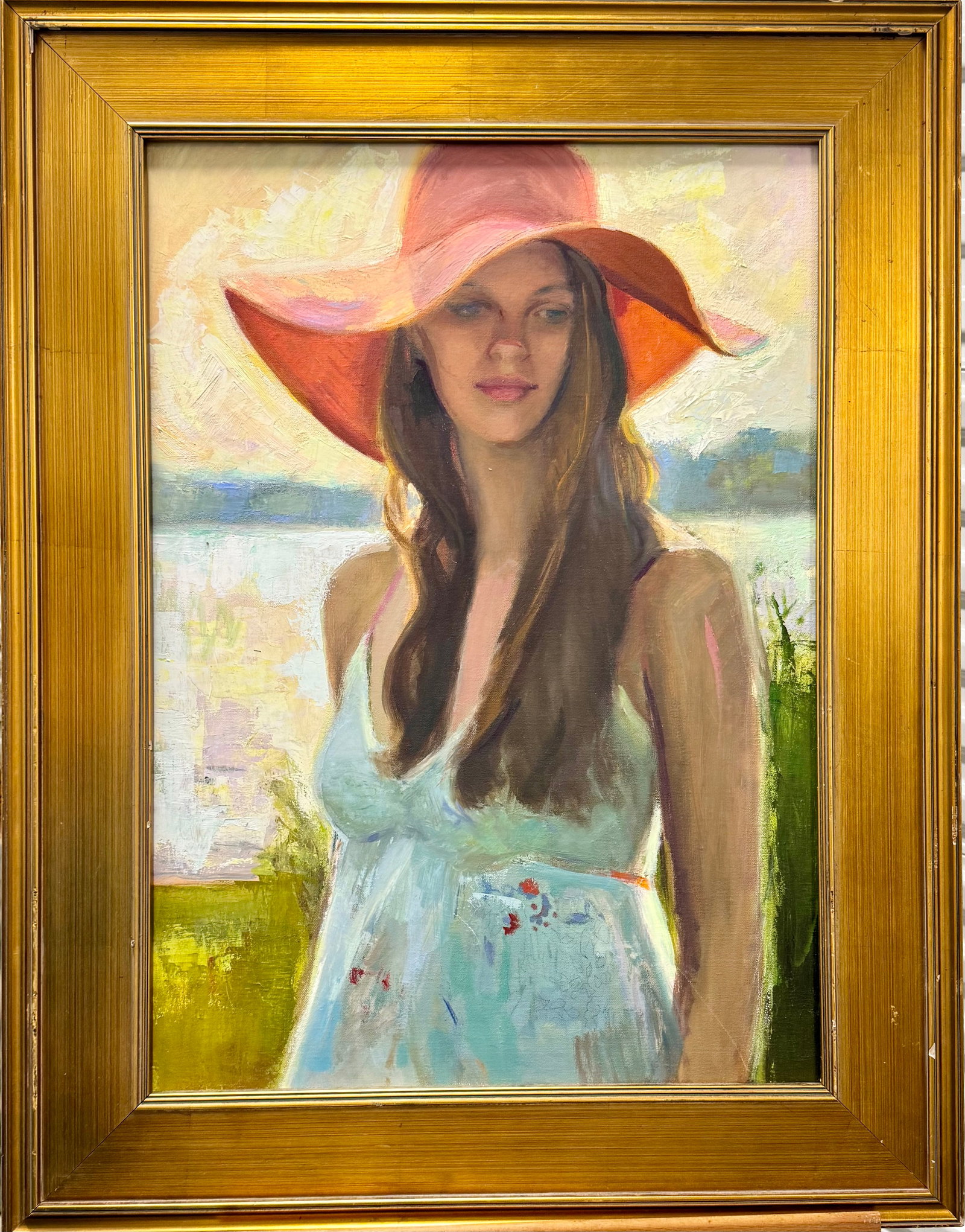 Vintage American School Impressionist Figurative Oil Painting young woman in Summer dress: Vintage American School Impressionist Figurative Oil Painting young woman in Summer dress near water, O/C, signature not apparent, 28 x 20" Canvas, 36 x 28" Overall