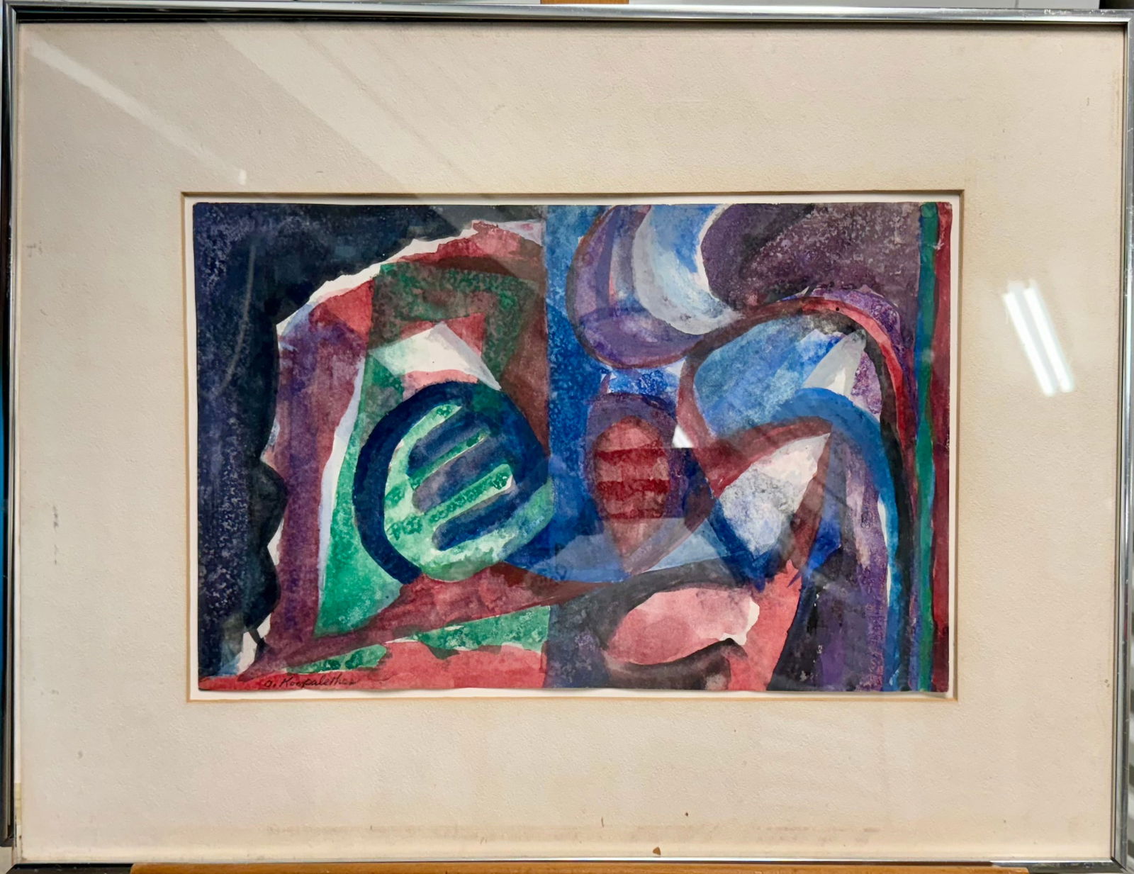 Vintage American School Modernist Abstract New Jersey Artist Olivia Kopalethes Painting Signed #3: Vintage American School Modernist Abstract New Jersey Artist Olivia Kopalethes Painting Signed #3, SLL, Entitled "Lyrical Duel", 11 x 17" Image, 19 x 25" Overall See Lot 10 for Bio
