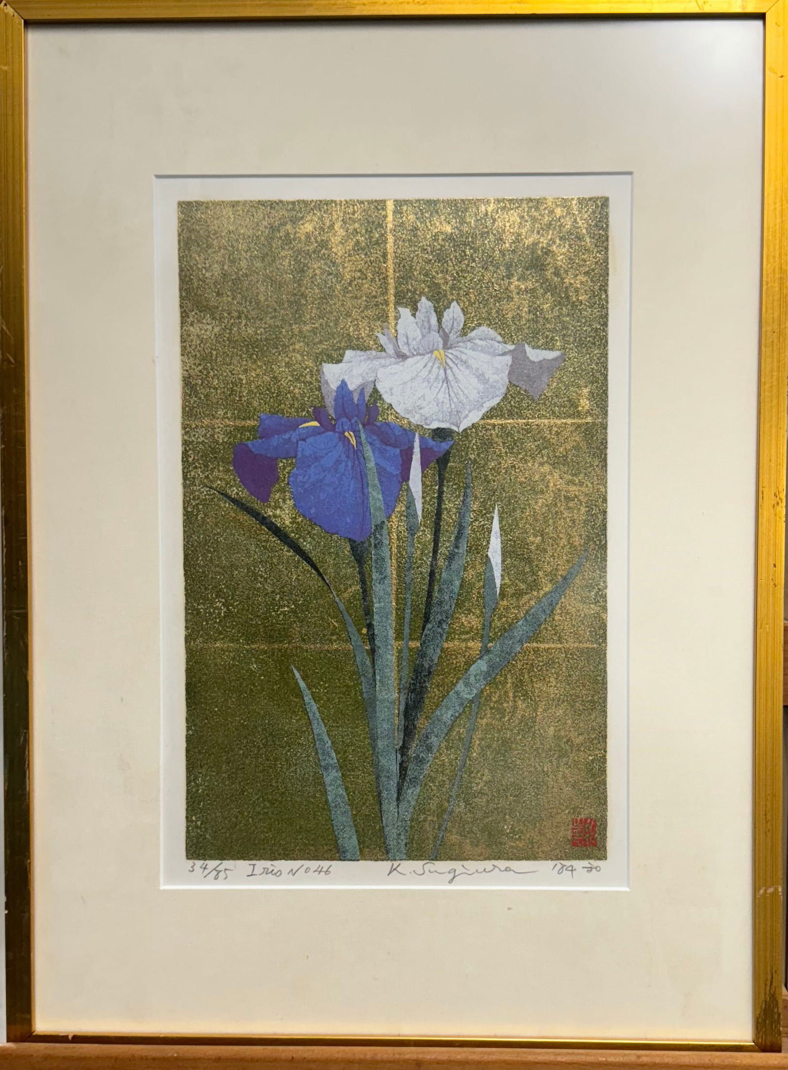 Vintage Japanese School Kunie Sugiura Colored Woodblock with Gold Leaf Signed (1 of 5)