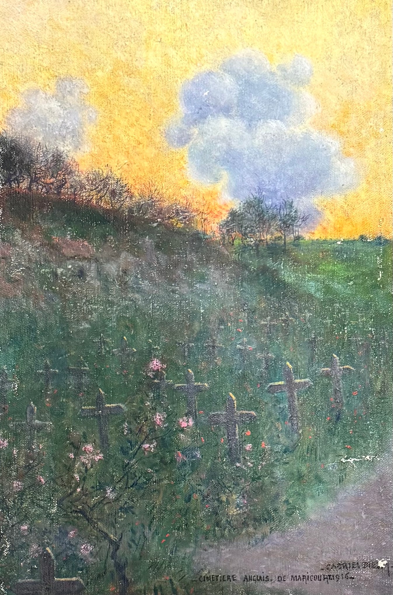 Antique French School Impressionist Gabriel Marie Biessy Oil Painting Signed: Antique French School Impressionist Gabriel Marie Biessy Oil Painting Signed, SLR,dated 1916 ,entitled "Cimetiere Anglais de Maricourt", 18 x 12" Canvas Maricourt was, at the beginning of the Battles 