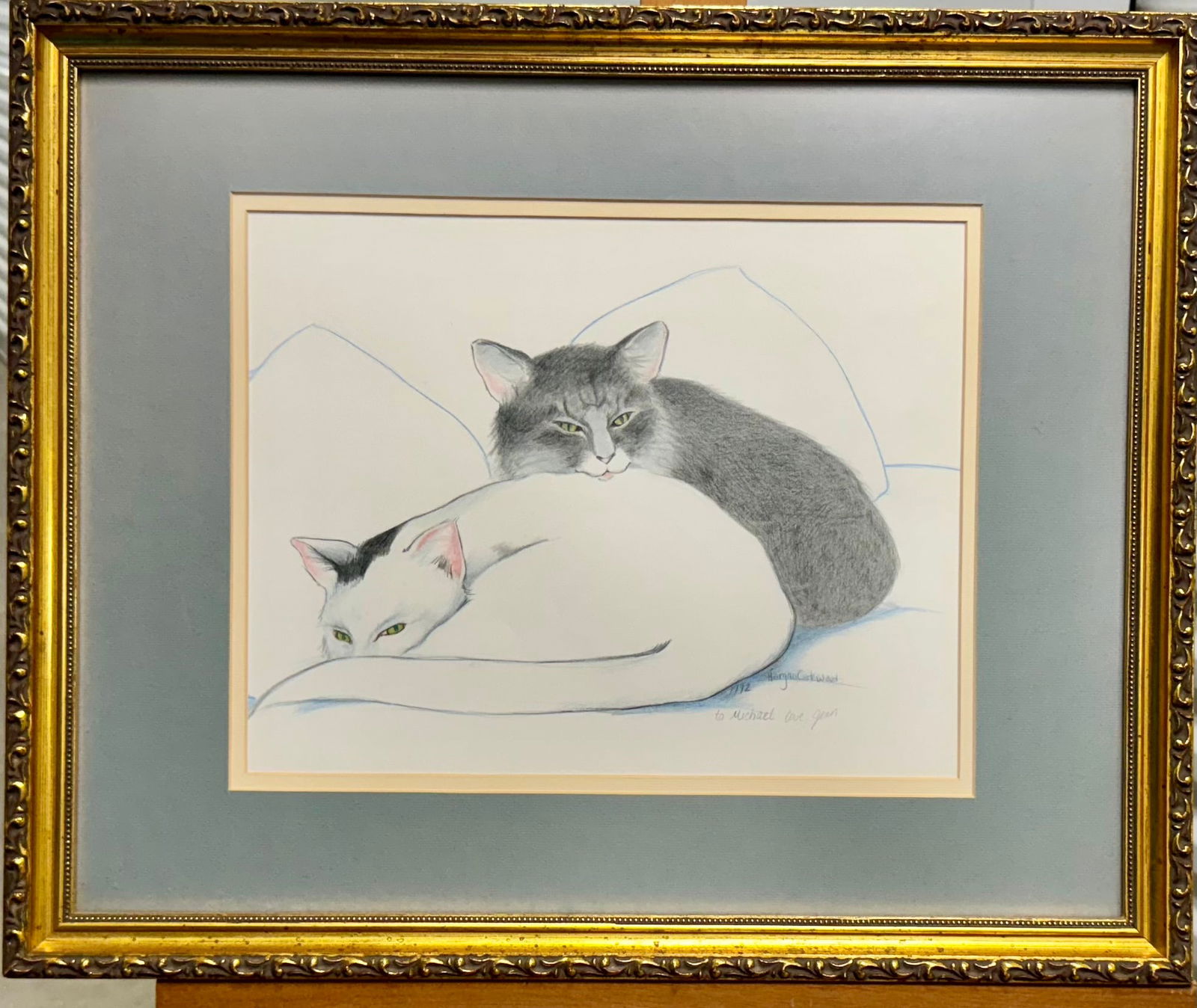 Vintage American School mid Century Modern 2 cats pastel signed (1 of 5)