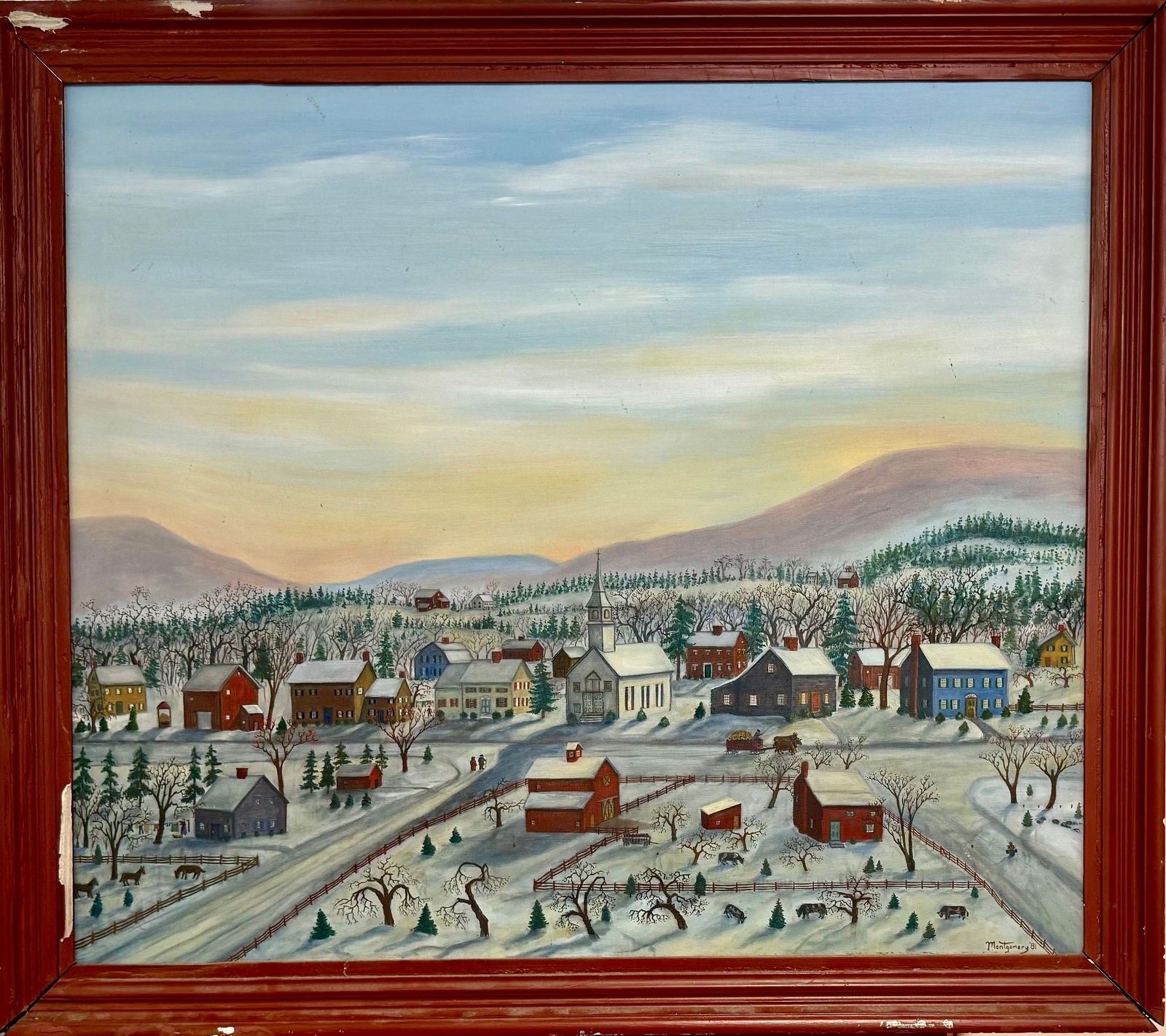 Vintage American School Folk Art Primitive Oil Painting Signed New England Town (1 of 5)