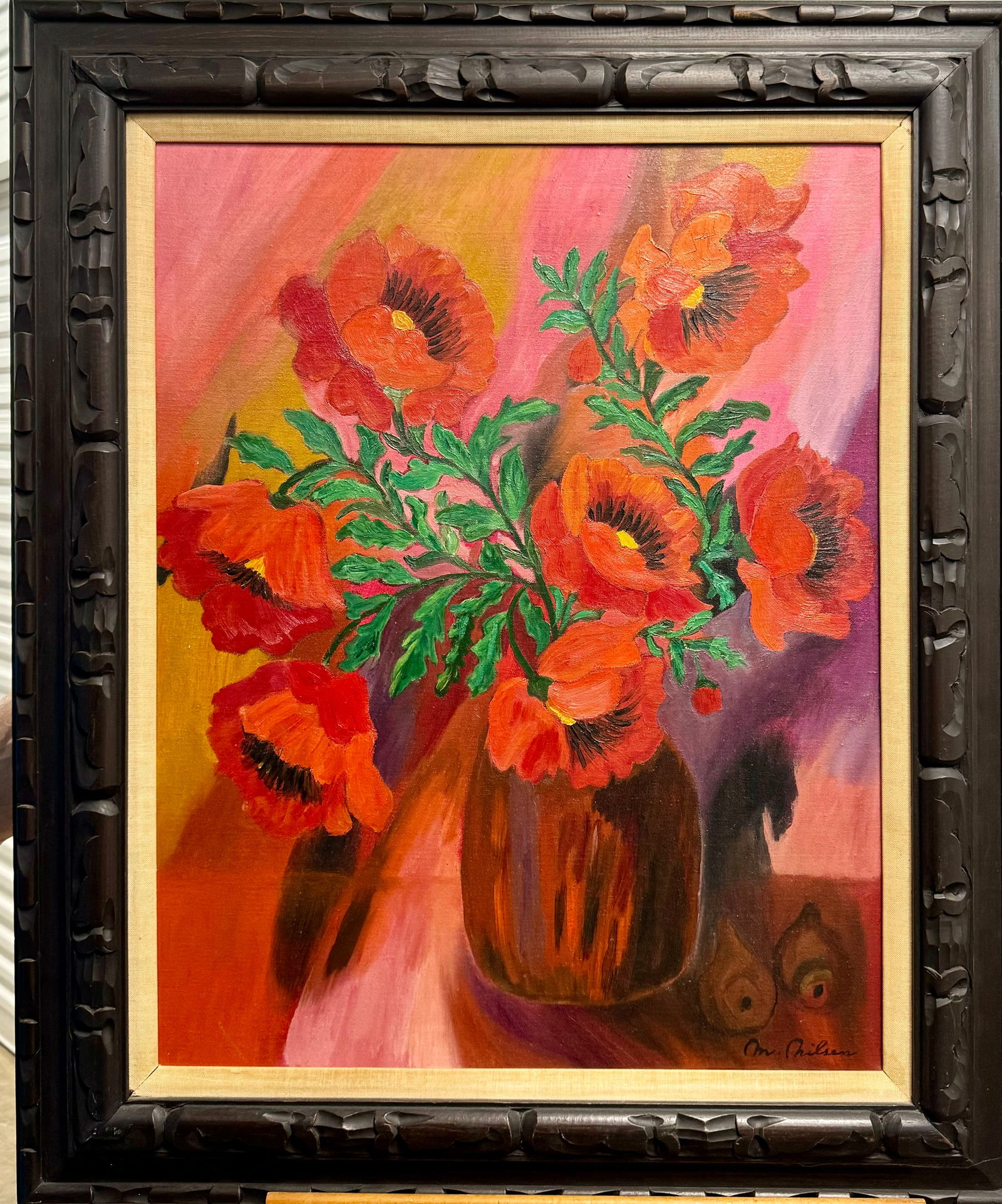 Vintage American School Still-Life Poppies Oil Painting Signed (1 of 3)