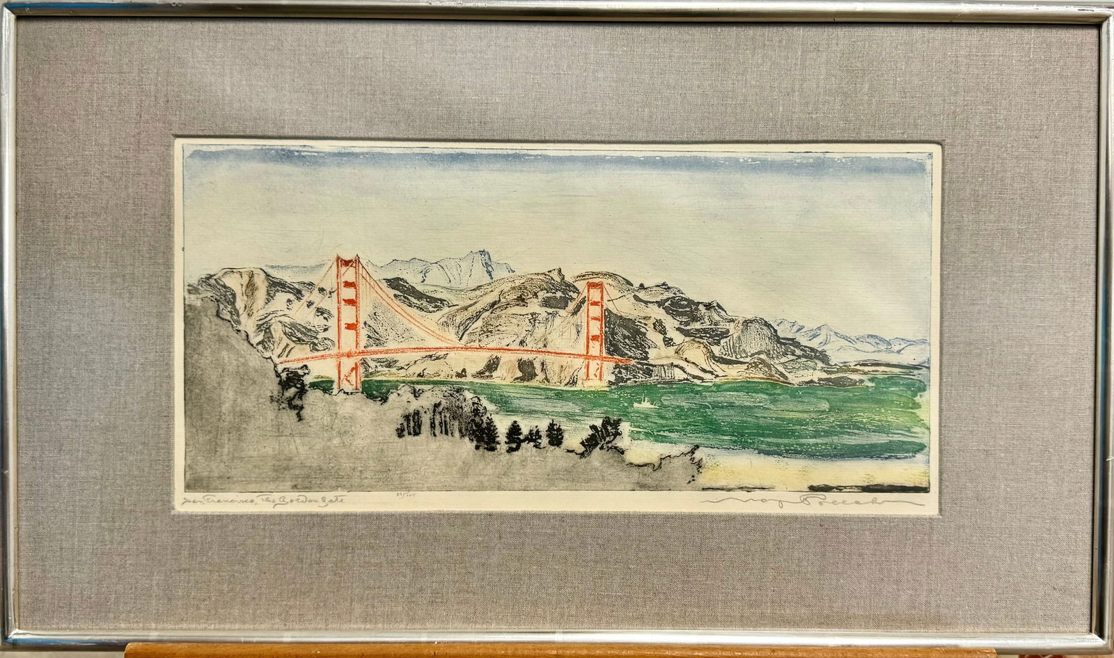 Vintage American School California Artist Max Pollak Colored Etching Golden Gate Signed #1 (1 of 6)