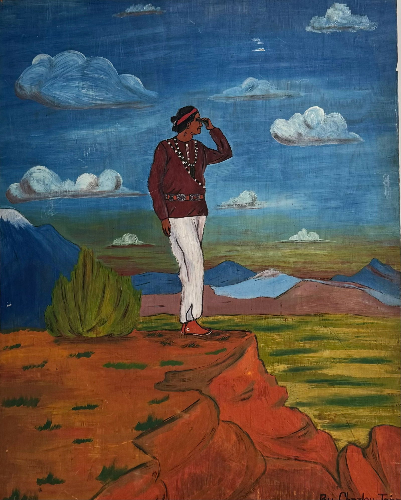 Vintage American School Arizona Artist Charley John Native American Indian Folk Art Painting Signed (1 of 3)