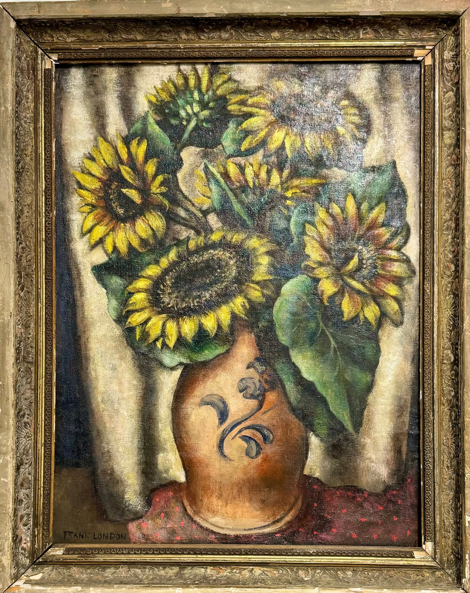 Vintage American School Modernist North Carolina Artist Frank London Still-Life Sunflowers Oil (1 of 4)