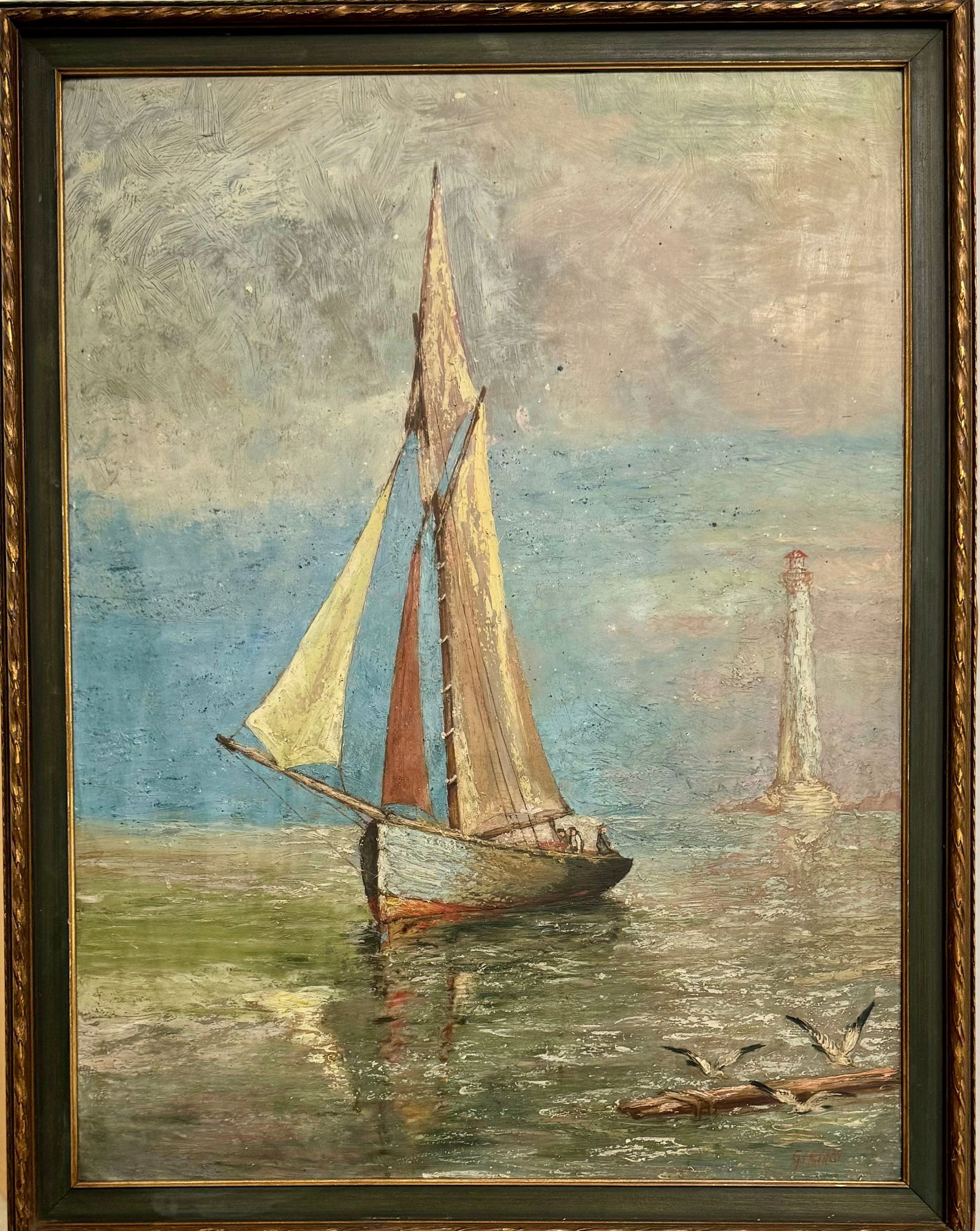 Antique American School 19th Century Impressionist Nautical Scene Oil Painting Signed (1 of 6)