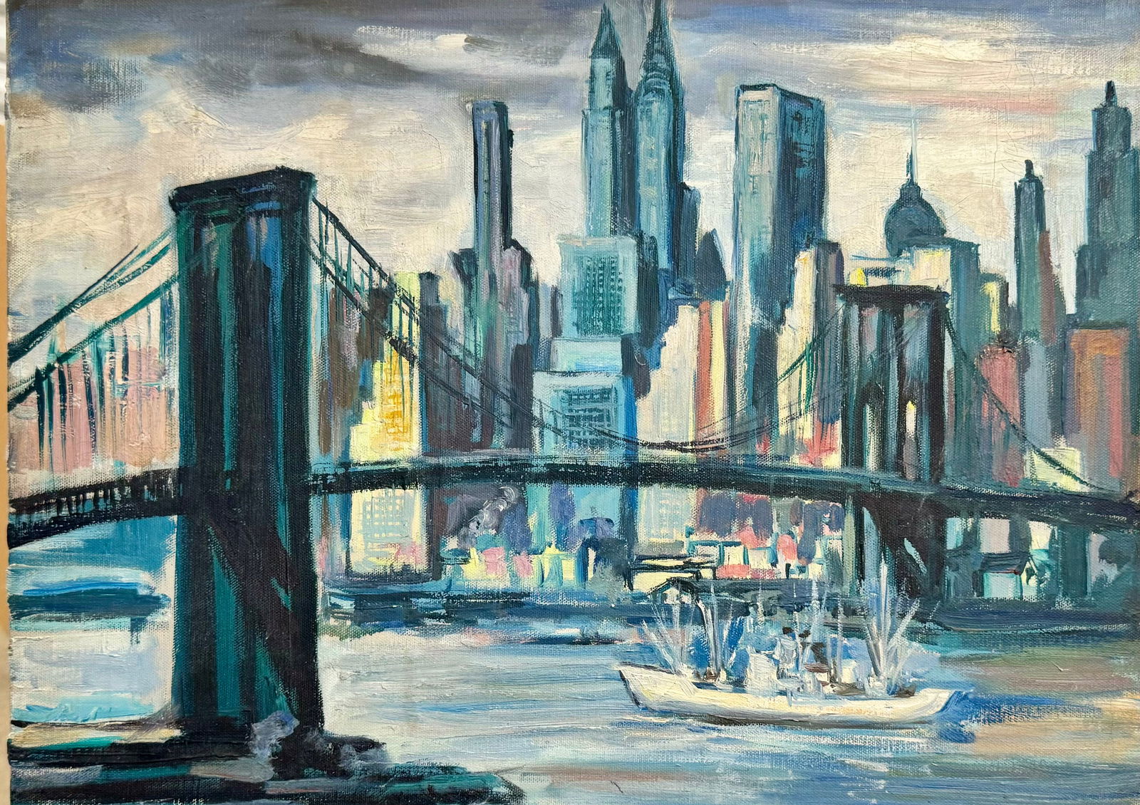 V intage American School Impressionist New York Scene Brooklyn Bridge New York Oil Painting (1 of 4)
