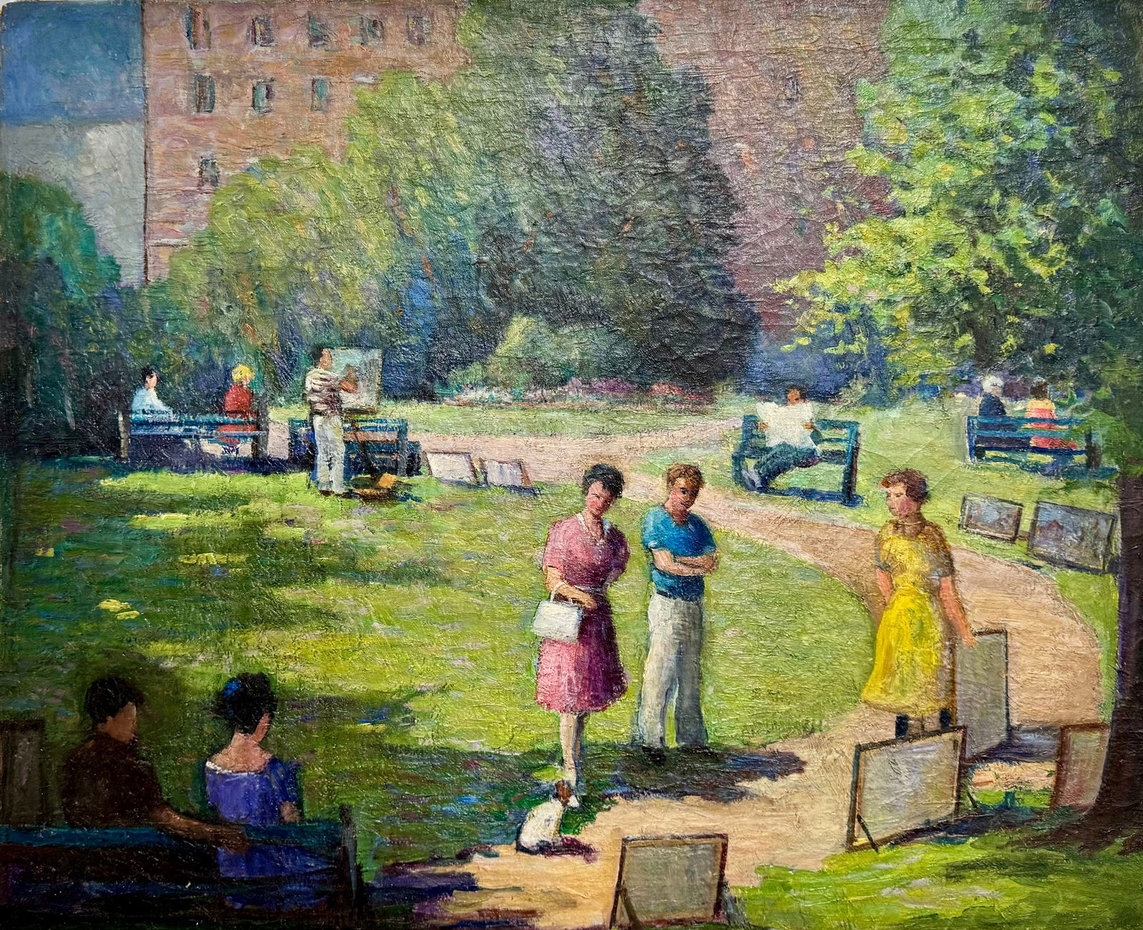 Antique American School WPA Era American Scene Oil Painting Signed Park Scene (1 of 6)