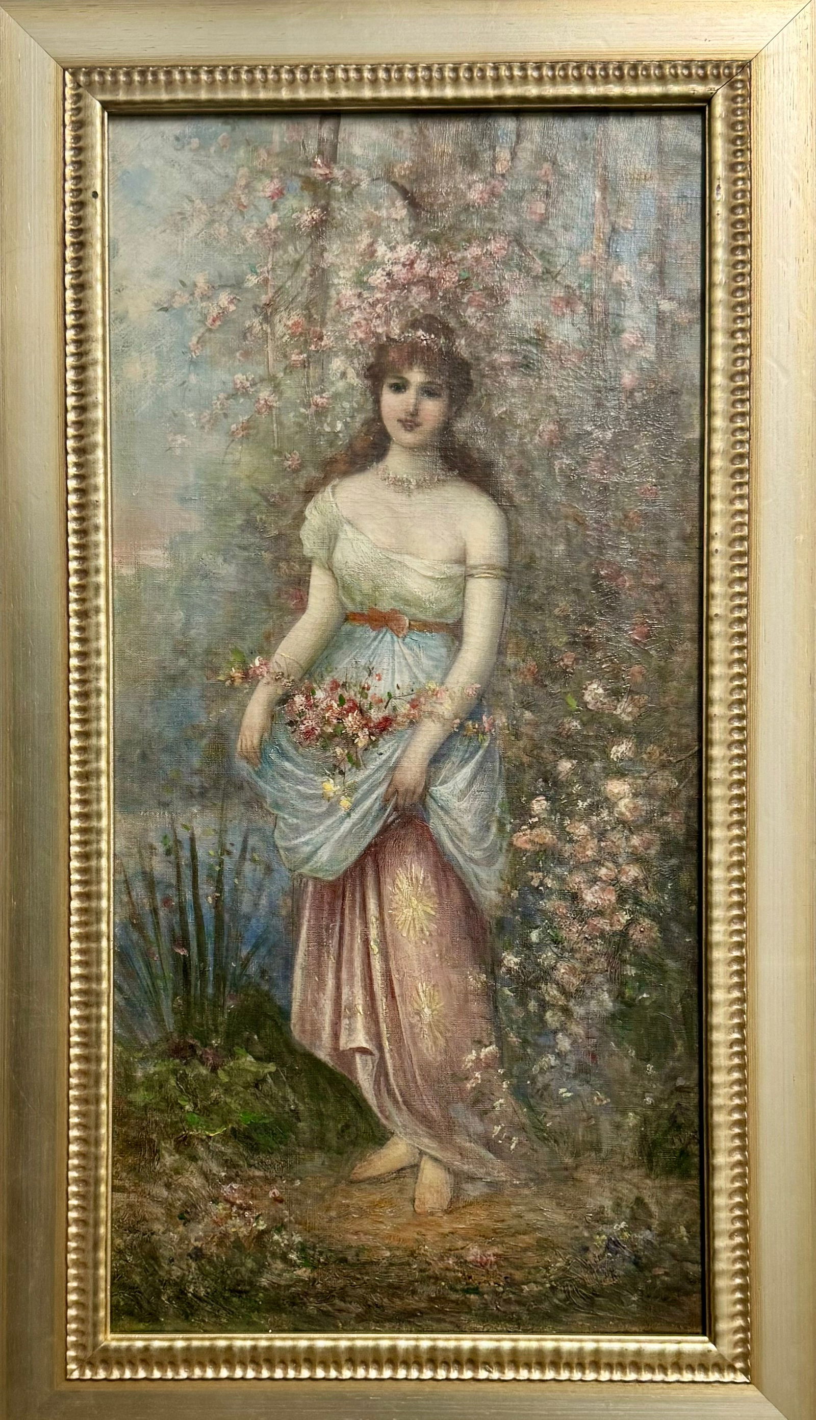 Antique 19th Century American School Impressionist Figurative Oil Painting Young Woman, 25 x 12" (1 of 3)