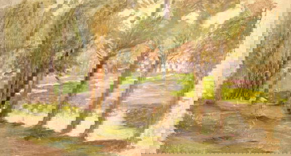 Antique American School Impressionist Oil Painting Attributed to Lockwood de Forest: Antique American School Impressionist Oil Painting Attributed to Lockwood de Forest, unstretched canvas, 11 x 21"