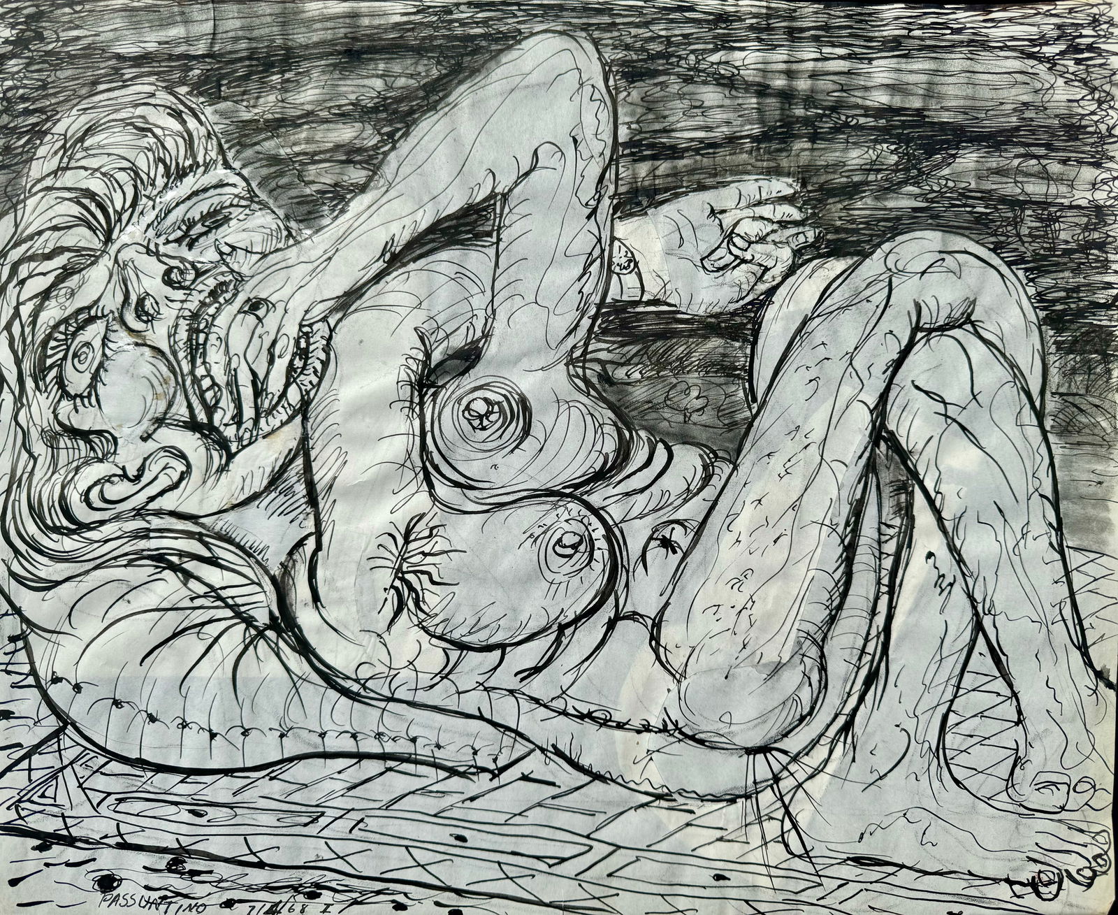 Vintage American School Chicago Artist Figurative Expressionist Peter Passuntino Brutalist Woman Ink (1 of 2)