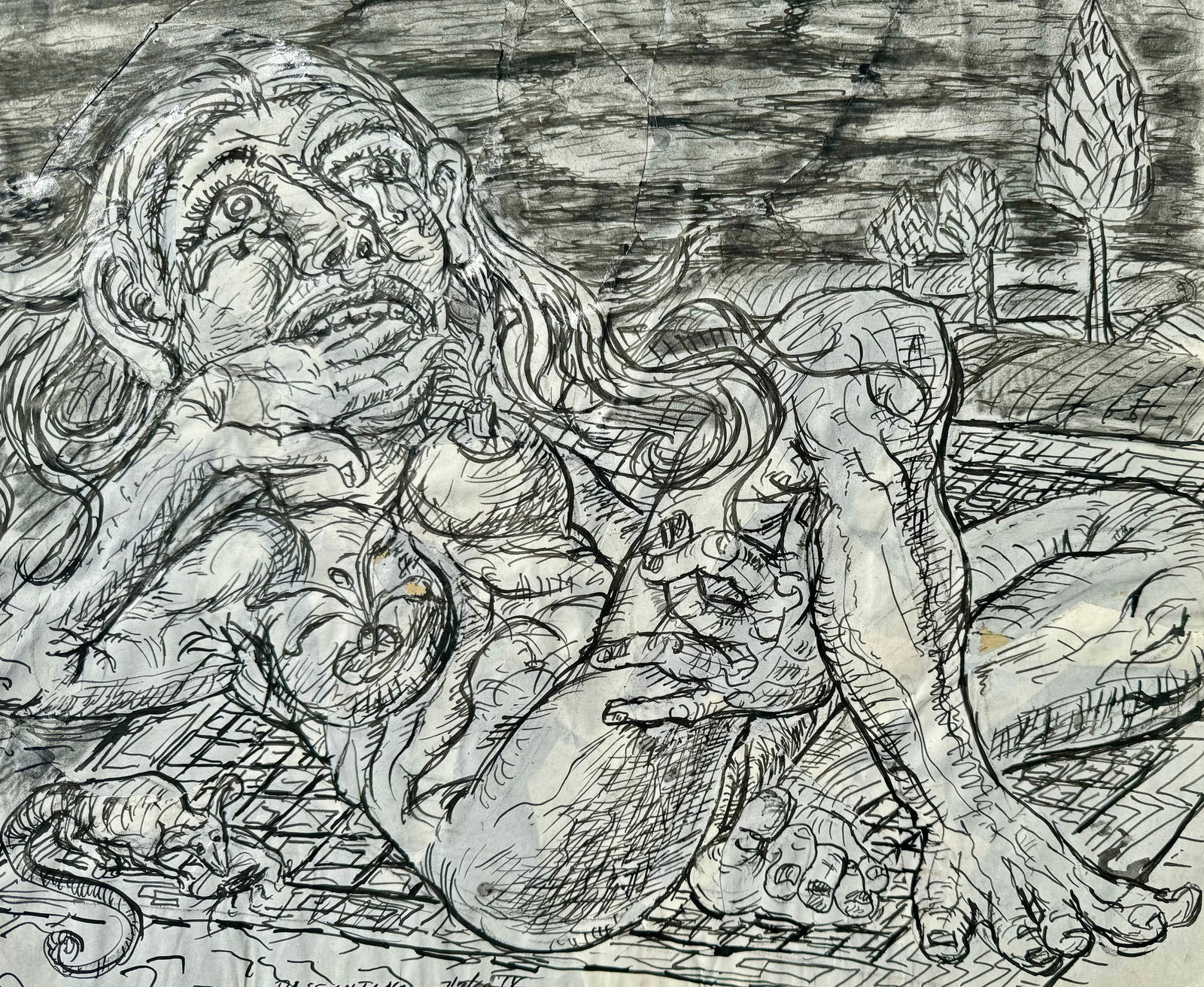 Vintage American School Chicago Artist Figurative Expressionist Peter Passuntino Brutalist Woman Ink (1 of 2)