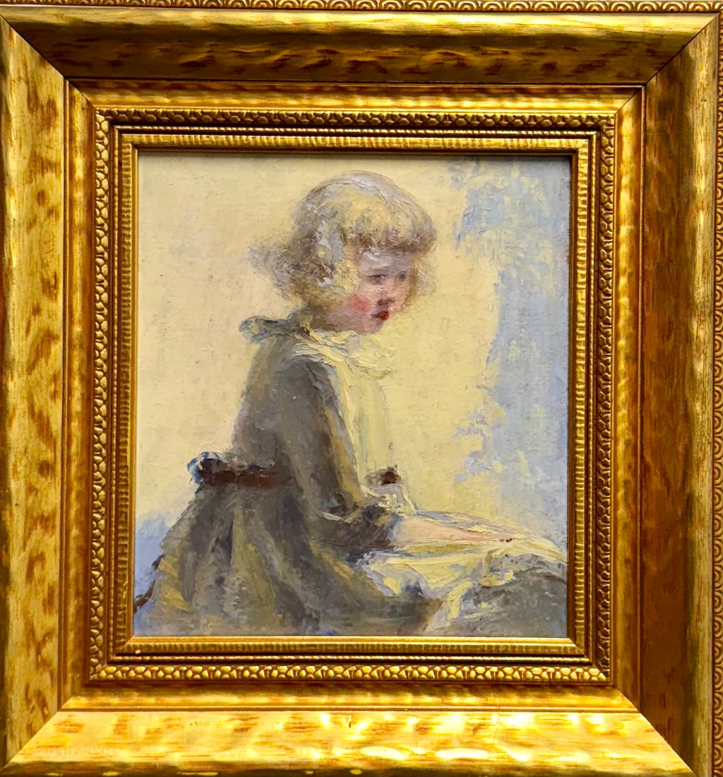 Antique American Impressionist Oil Painting Pennsylvania Academy School Young Girl: Antique American Impressionist Oil Painting Pennsylvania Academy School Young Girl, O/B, 10 x 9", 15 x 14" overall